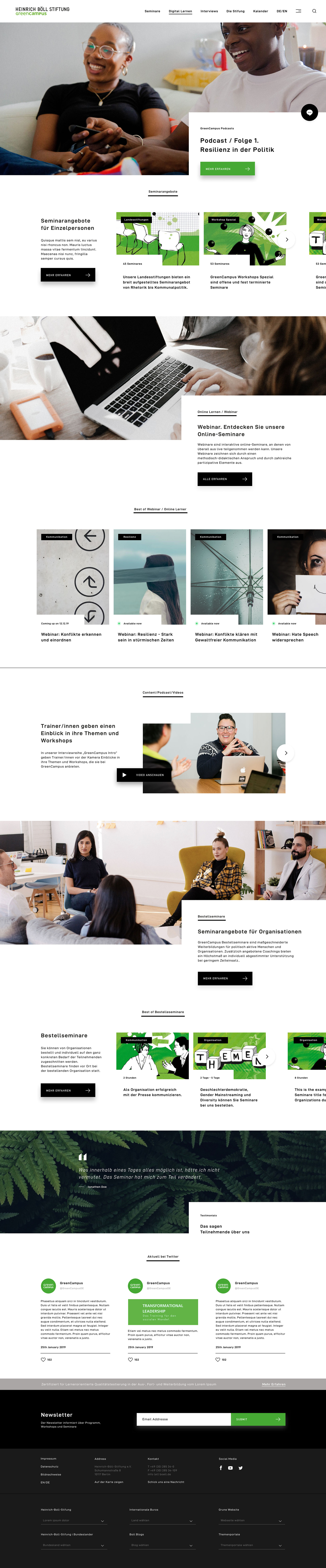 The user centric Website TRNSFRMNG designed for the Heinrich Böll Stiftung Green Campus.